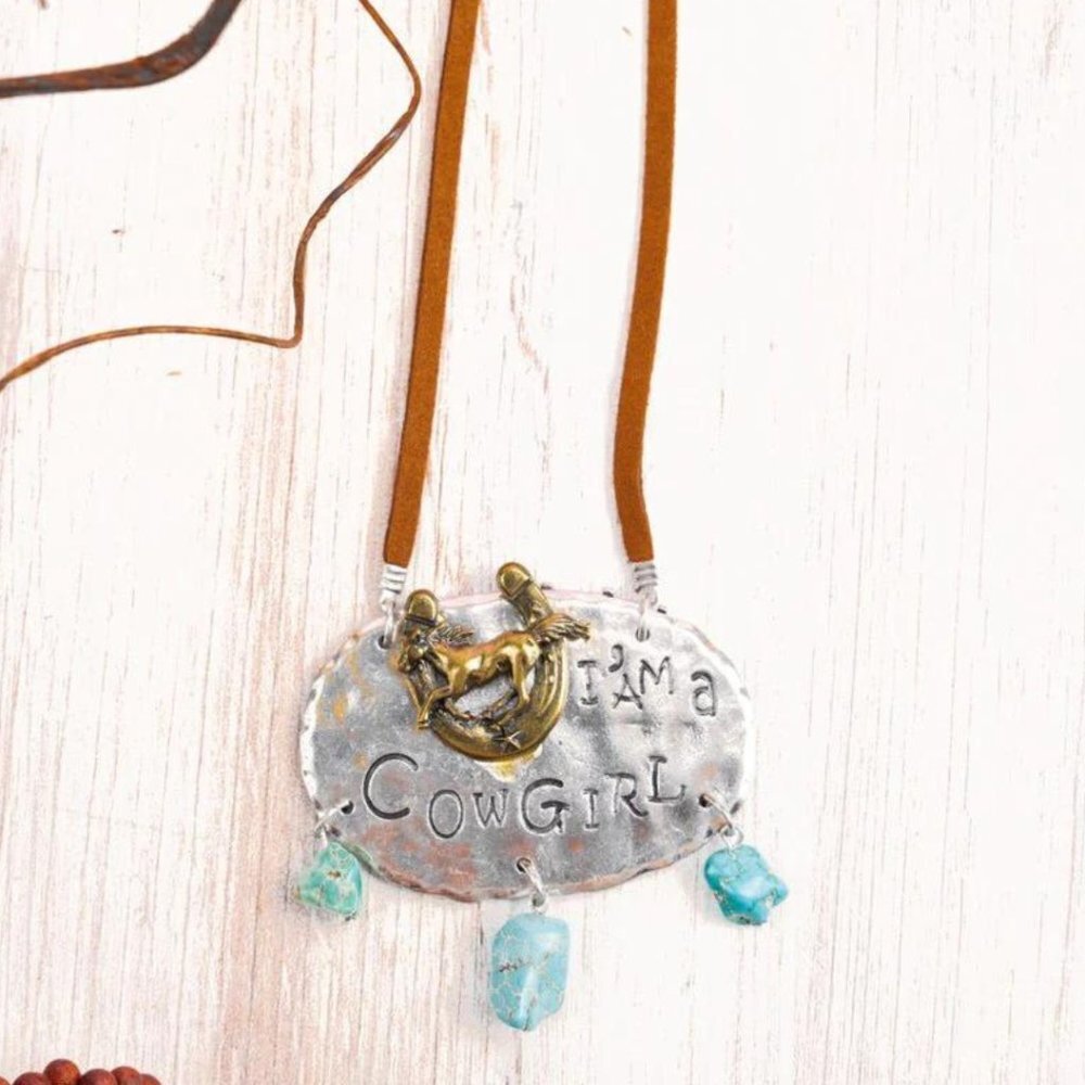 Burnished Two Tone Western Inspired I'm A Cowgirl Pendant‎ Necklace NWT